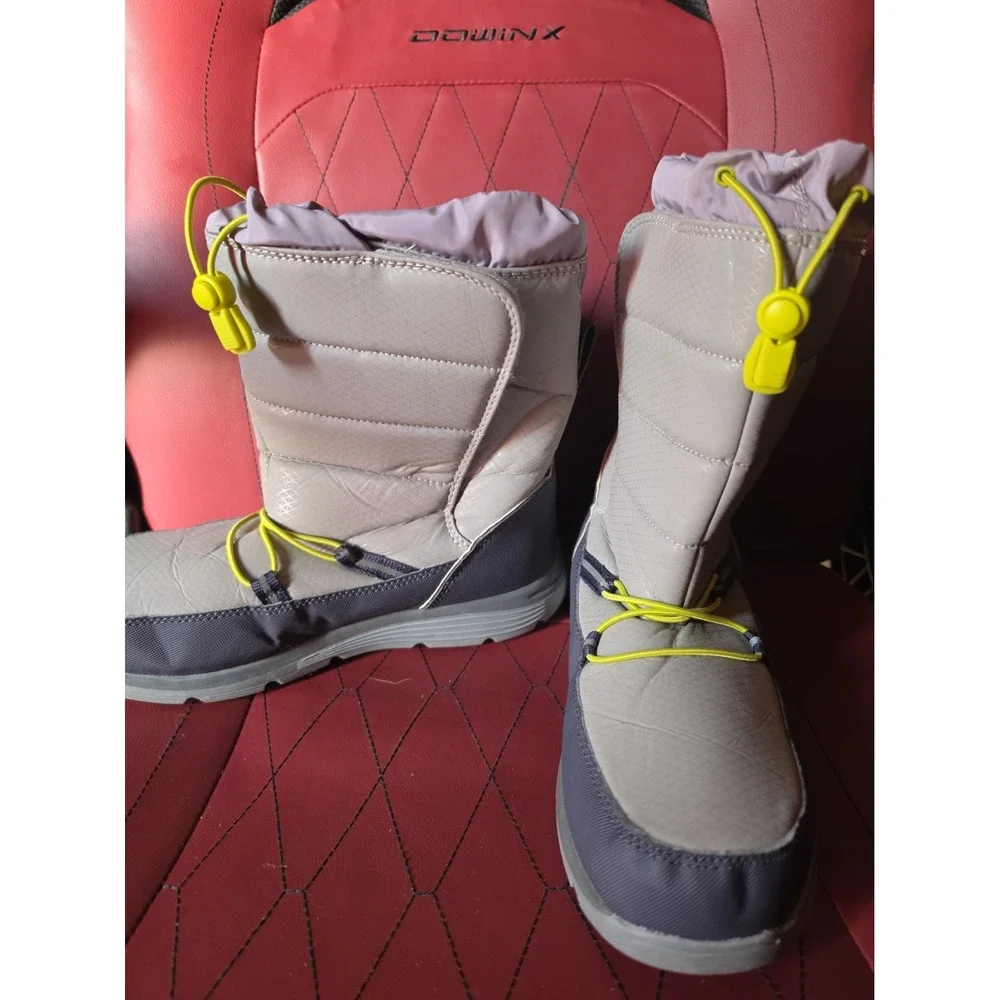 Lands End Grey Quilted Winter Snow Boots Neon Yellow Accents Size 7 M